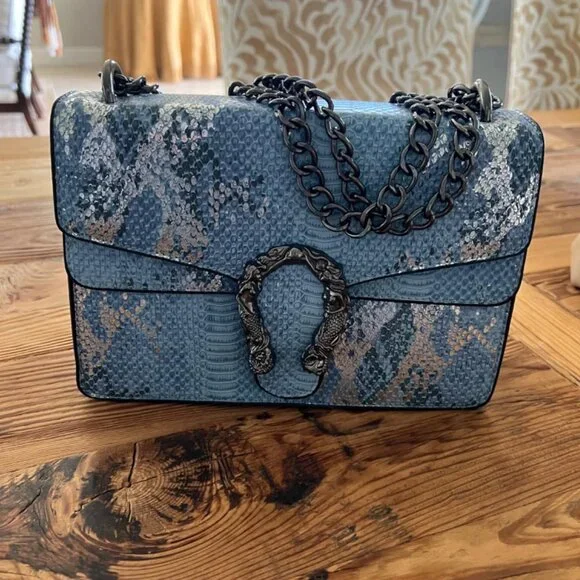 Neiman Marcus Blue Reptile Horsebit Satchel Handbag